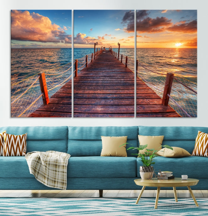 Lienzo decorativo para pared con atardecer y muelle de madera