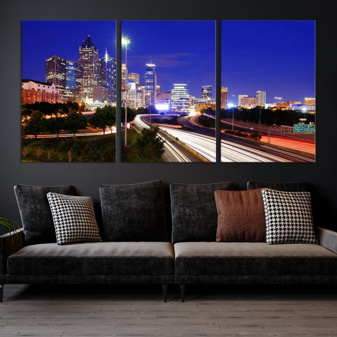 Arte de pared grande con vista del paisaje urbano del horizonte azul nocturno de las luces de la ciudad de Atlanta Impresión en lienzo