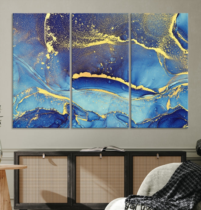 Splash Yellow Color Blue Marble Abstract Canvas Wall Art Print