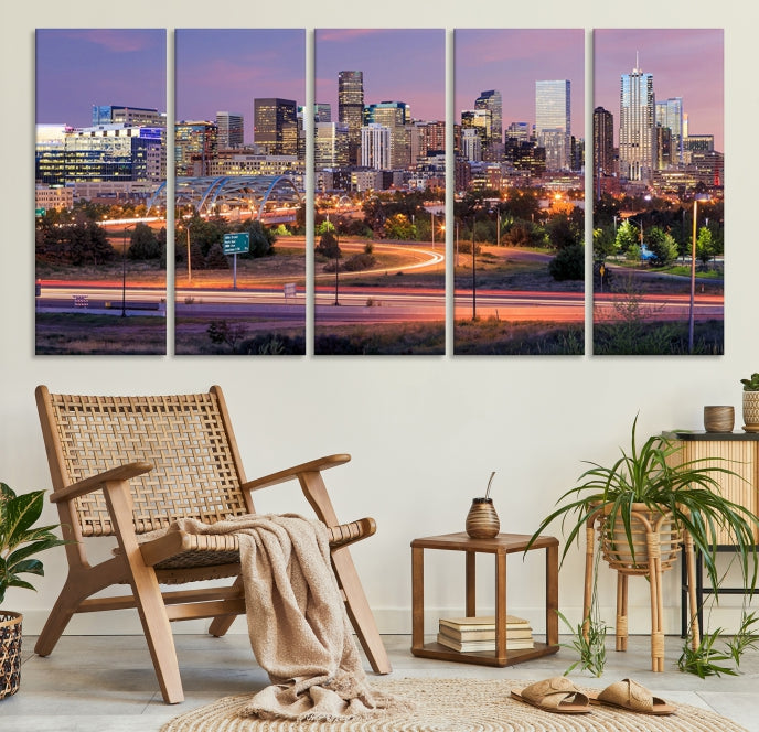 Denver City Lights Coucher de soleil Violet Skyline Paysage urbain Vue Art mural Impression sur toile