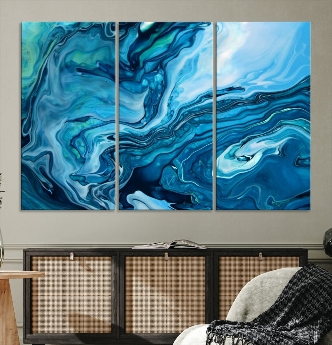 Arte de pared grande con efecto fluido de mármol azul marino, lienzo abstracto moderno, impresión artística de pared