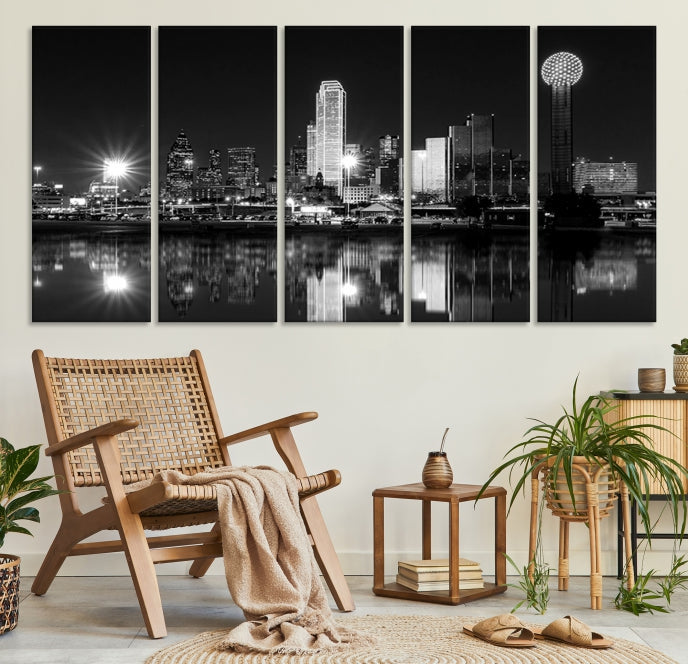 Dallas City Lights Skyline Art mural noir et blanc Paysage urbain Impression sur toile