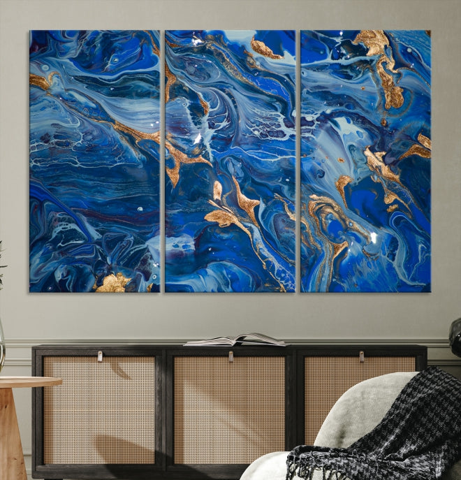 Arte de pared grande con efecto fluido de mármol azul marino, lienzo abstracto moderno, impresión artística de pared