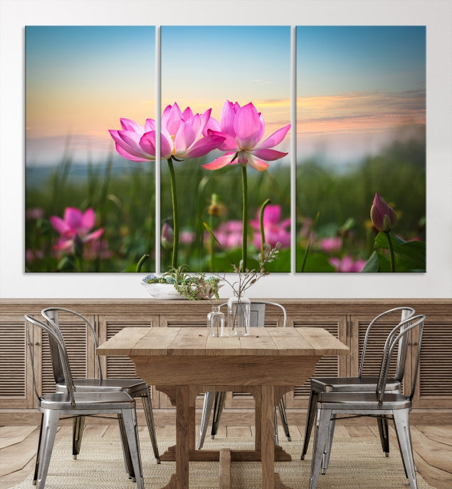 The room features a museum-quality Pink Flower on the Mountain Canvas Print, showcasing blooming pink flowers against a sunset on hand-assembled canvas.