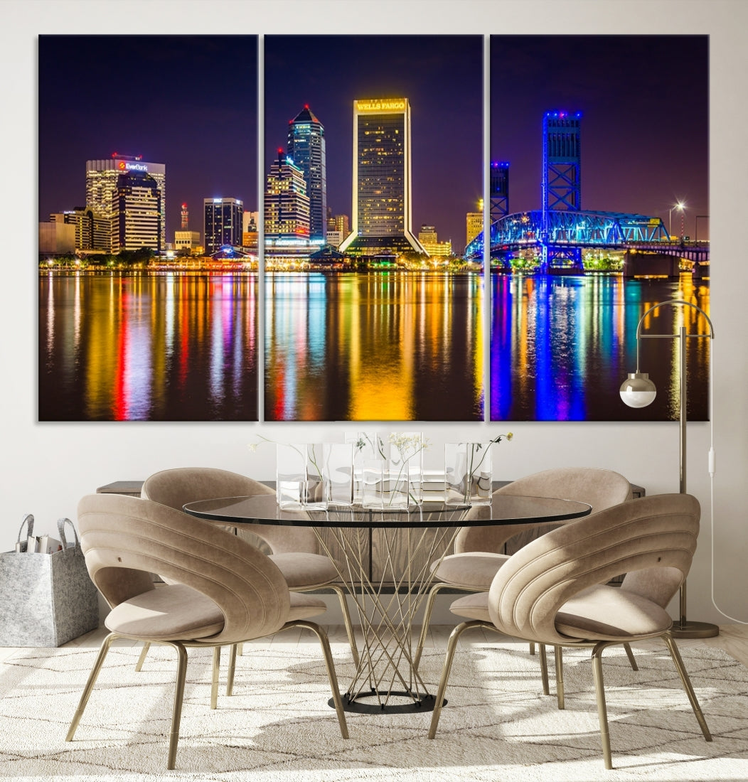 The Jacksonville City cityscape wall art captures a vibrant city skyline at night with colorful reflections in the water and is elegantly displayed on museum-quality gallery wrapped canvas.