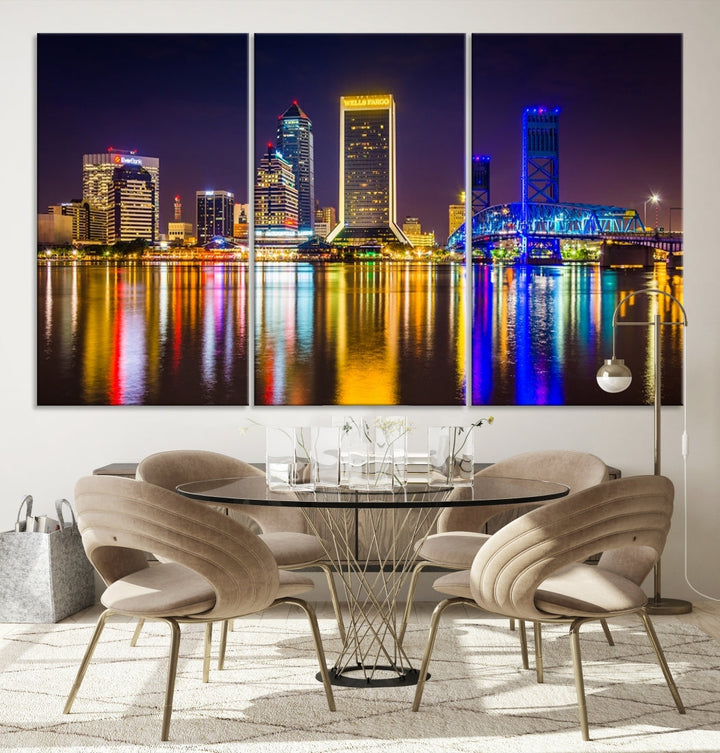 The Jacksonville City cityscape wall art captures a vibrant city skyline at night with colorful reflections in the water and is elegantly displayed on museum-quality gallery wrapped canvas.