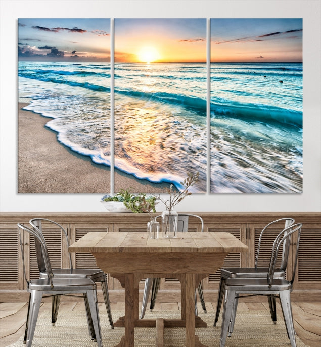 Sunset Beach Waves Canvas Wall Art – 5-Panel Ocean Sunset Print – Coastal Decor for Living Room or Bedroom – Ready to Hang