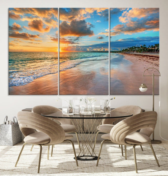 Sunset Beach Canvas Wall Art – Tropical Triptych Seascape Print – Coastal Ocean Decor for Living Room or Bedroom – Ready to Hang