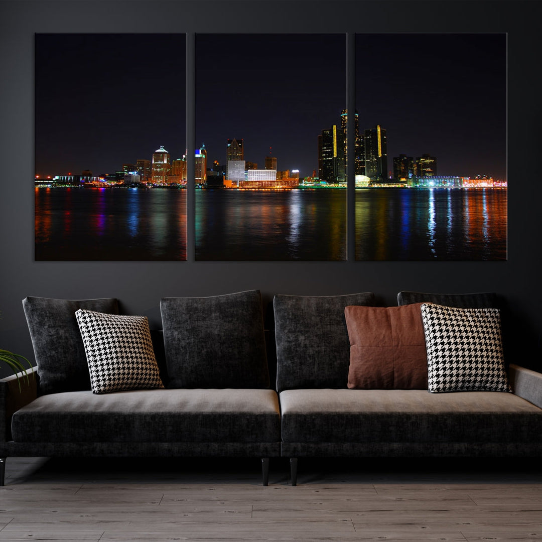 Detroit City Lights Night Skyline Cityscape View Wall Art Canvas Print