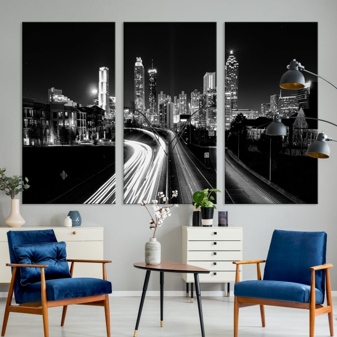 Atlanta City Lights Skyline Art mural noir et blanc Paysage urbain Impression sur toile