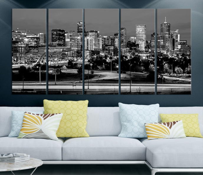 Denver City Lights Skyline Black and White Wall Art Cityscape Canvas Print