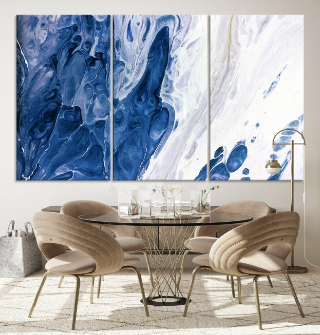 Arte de pared grande con efecto fluido de mármol azul marino, lienzo abstracto moderno, impresión artística de pared