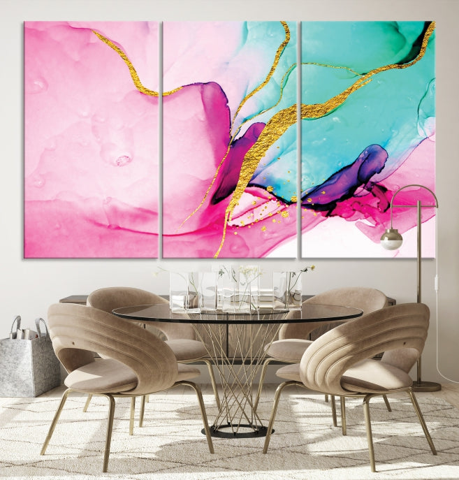 Impresión de arte de pared grande con efecto fluido de mármol rosa y dorado, lienzo abstracto moderno