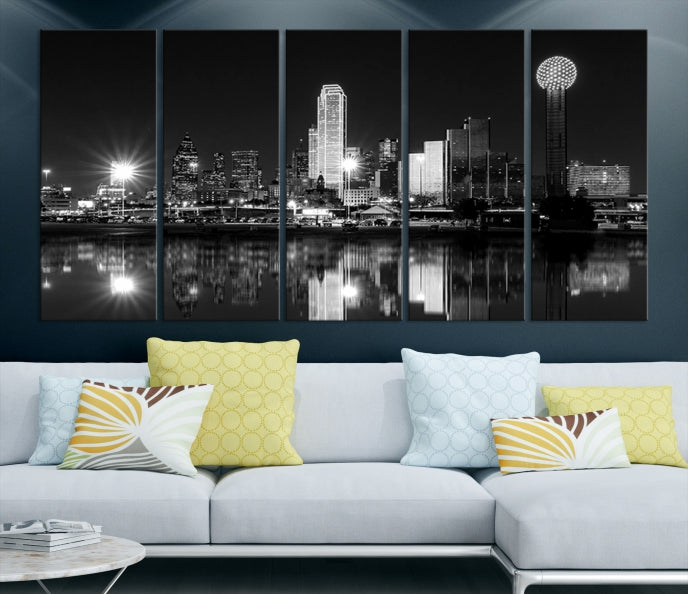 Dallas City Lights Skyline Art mural noir et blanc Paysage urbain Impression sur toile