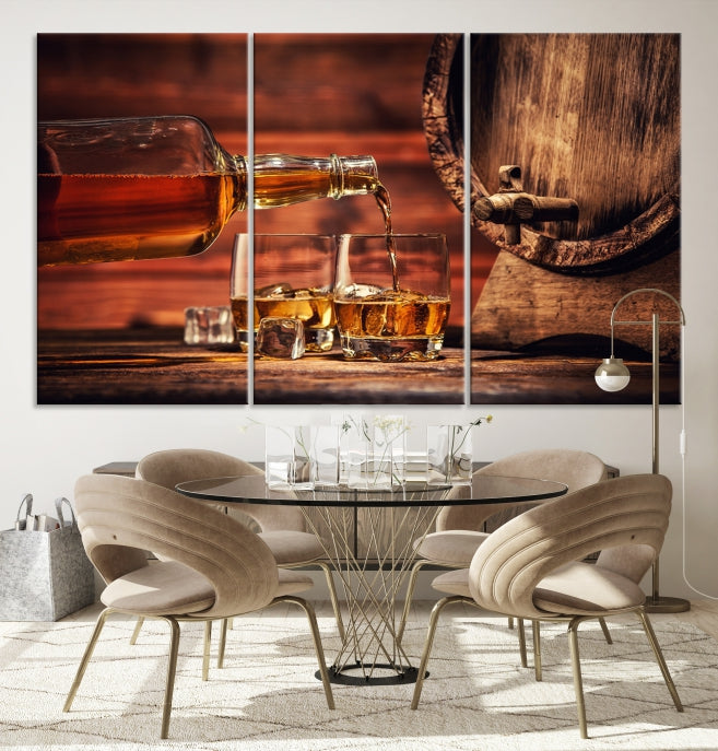 Lienzo decorativo para pared grande con whisky y barril