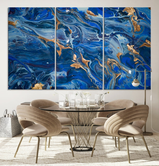 Arte de pared grande con efecto fluido de mármol azul marino, lienzo abstracto moderno, impresión artística de pared