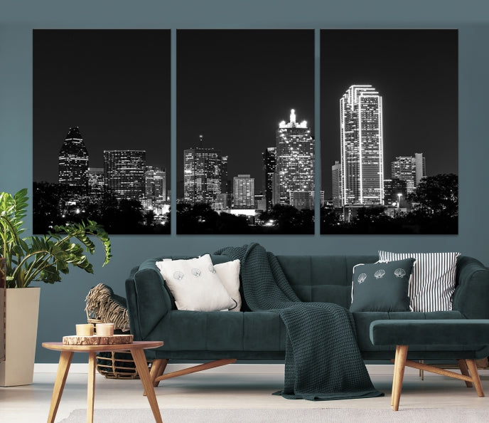 Dallas City Lights Skyline Art mural noir et blanc Paysage urbain Impression sur toile