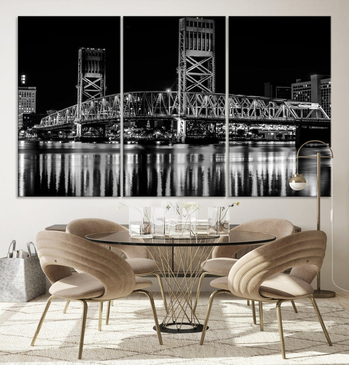 The Jacksonville City Bridge Night Wall Art Canvas Print is a black and white triptych depicting the city bridge at night. It features a UV-protective coating on museum-quality canvas.