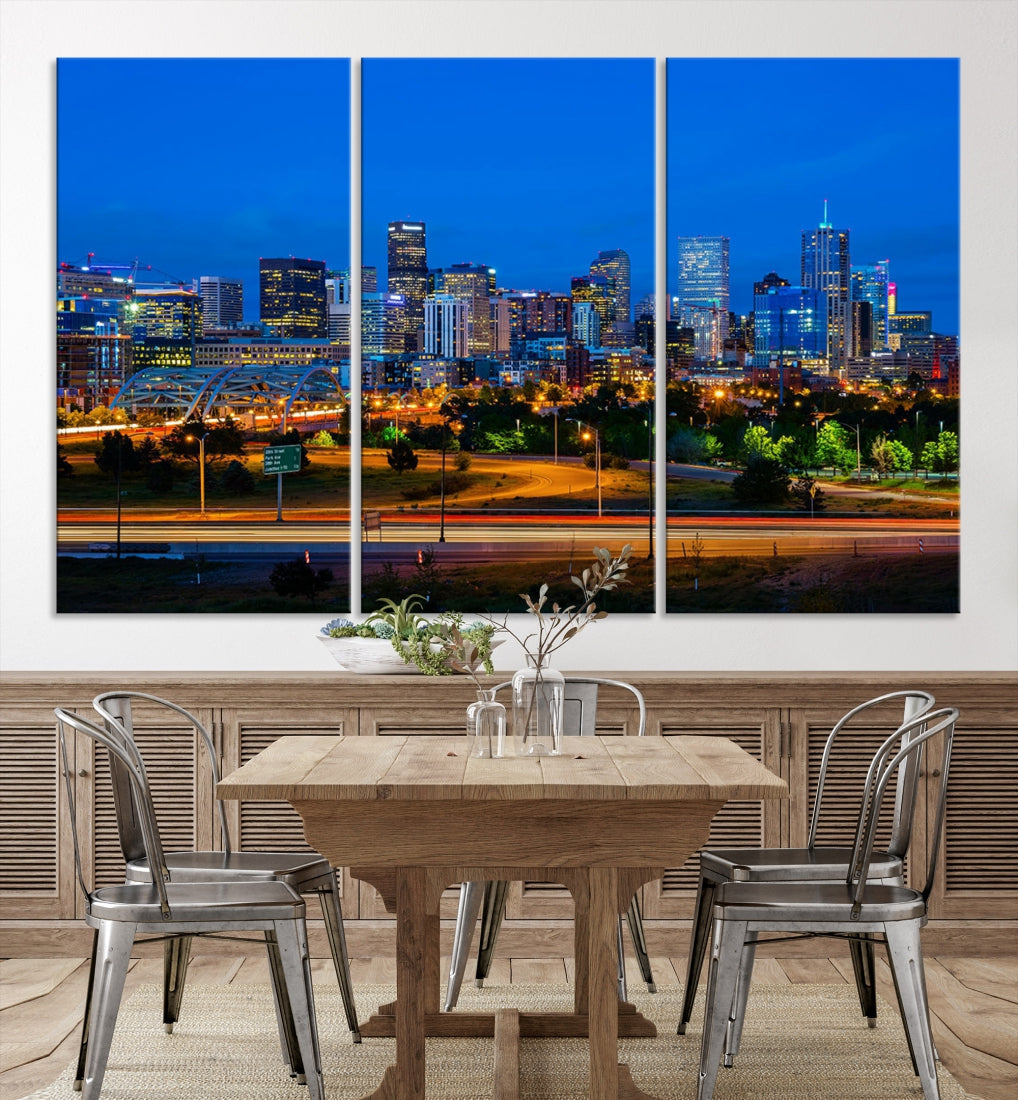 Denver City Lights Night Blue Skyline Cityscape View Wall Art Impression sur toile