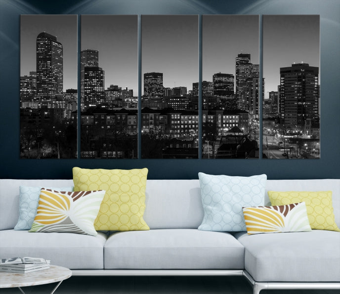 Denver City Lights Skyline Black and White Wall Art Cityscape Canvas Print