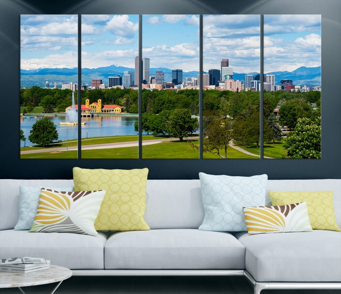 Denver City Park au printemps nuageux Skyline paysage urbain vue murale impression sur toile