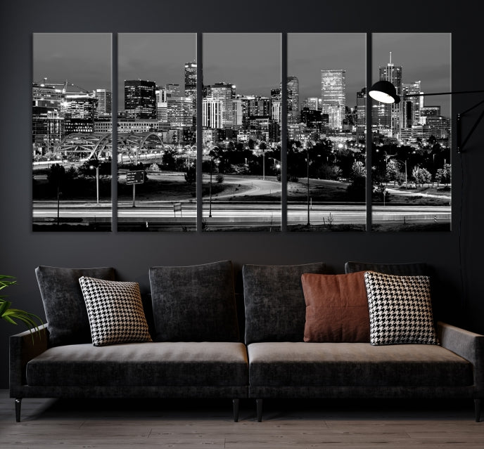 Denver City Lights Skyline Black and White Wall Art Cityscape Canvas Print