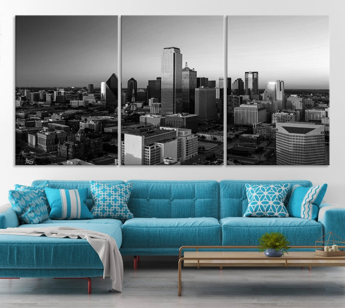 Skyline de la ciudad de Dallas Arte de pared en blanco y negro Paisaje urbano Lienzo