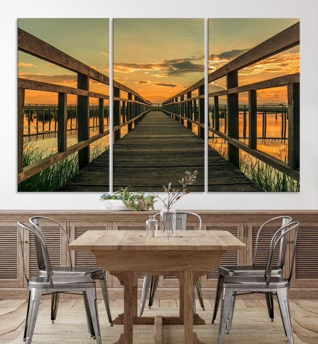 Sunset and Wood Bridge Wall Art Canvas Print