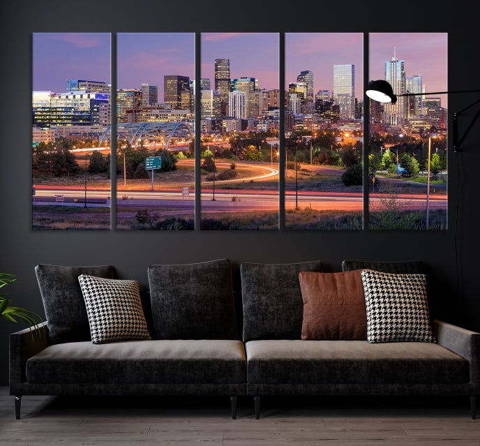 Denver City Lights Coucher de soleil Violet Skyline Paysage urbain Vue Art mural Impression sur toile