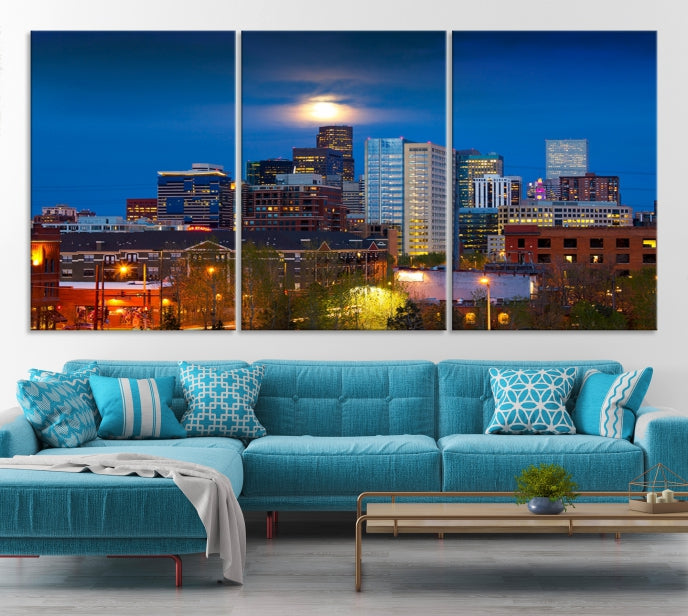 Impresión en lienzo de arte de pared grande con vista del paisaje urbano del horizonte azul nocturno de las luces de la ciudad de Denver