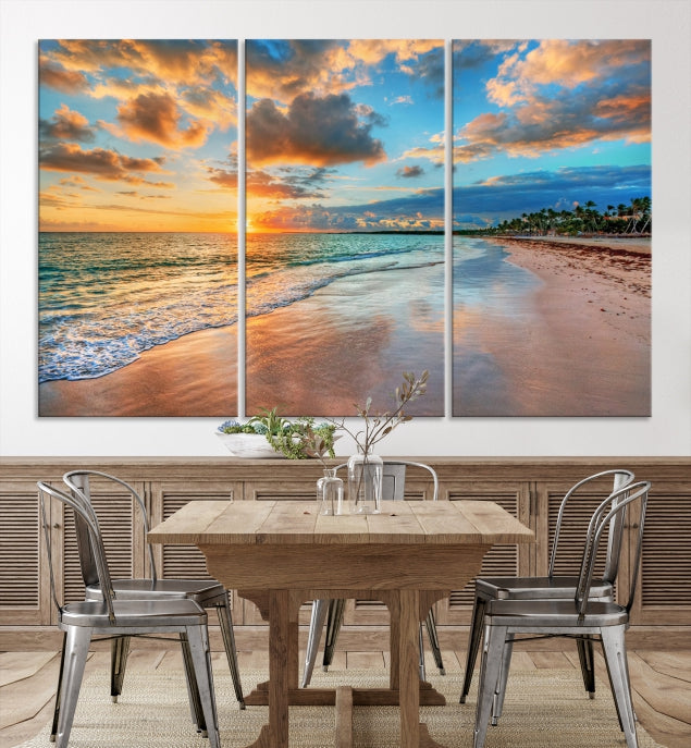 Sunset Beach Canvas Wall Art – Tropical Triptych Seascape Print – Coastal Ocean Decor for Living Room or Bedroom – Ready to Hang