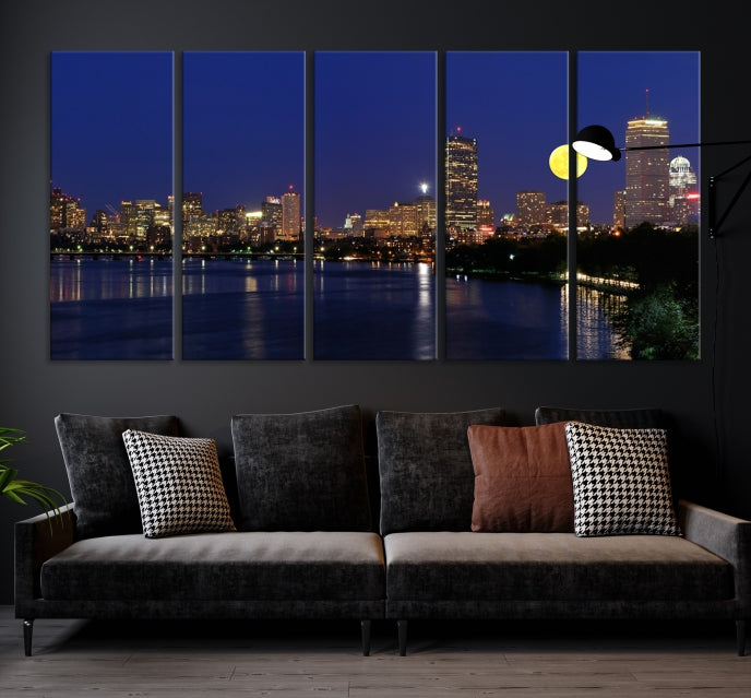 Luces de la ciudad de Boston, horizonte nocturno de luna llena, vista del paisaje urbano, arte de pared grande, impresión en lienzo