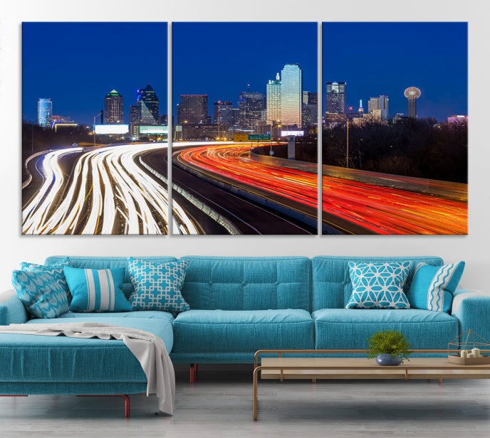 Dallas City Street Lights Night Skyline Cityscape View Wall Art Canvas Print