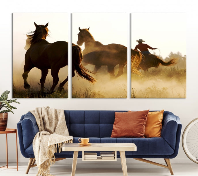 Lienzo decorativo para pared con caballos y vaqueros