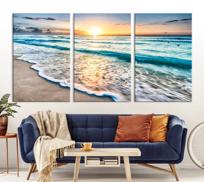 Sunset Beach Waves Canvas Wall Art – 5-Panel Ocean Sunset Print – Coastal Decor for Living Room or Bedroom – Ready to Hang