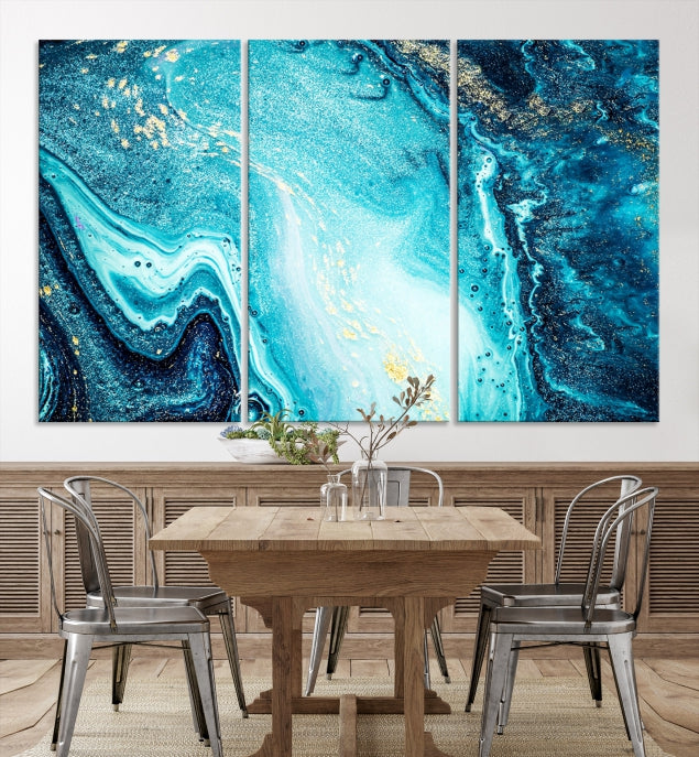 Neon Blue and Gold Marble Fluid Effect Wall Art Abstract Canvas Wall Art Print