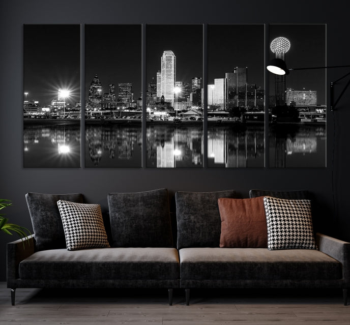 Dallas City Lights Skyline Art mural noir et blanc Paysage urbain Impression sur toile