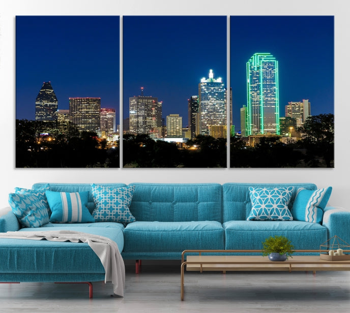 Impresión en lienzo de arte de pared grande con vista del paisaje urbano del horizonte azul nocturno de las luces de la ciudad de Dallas