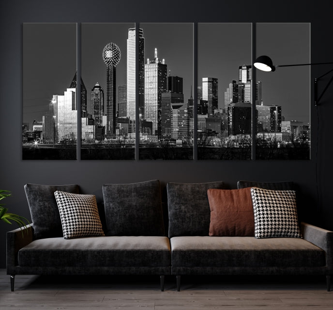 Dallas City Lights Skyline Art mural noir et blanc Paysage urbain Impression sur toile