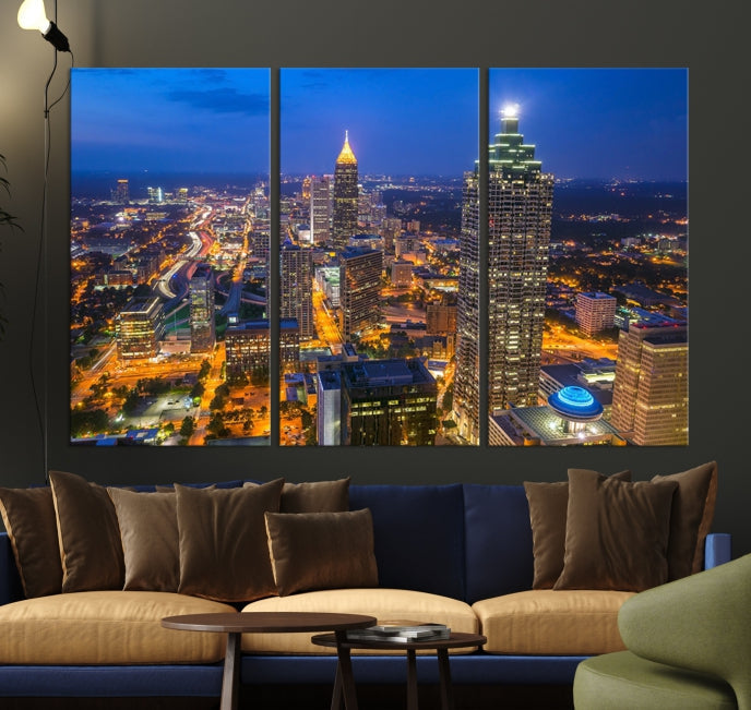 Arte de pared grande con vista del paisaje urbano del horizonte azul nocturno de las luces de la ciudad de Atlanta Impresión en lienzo