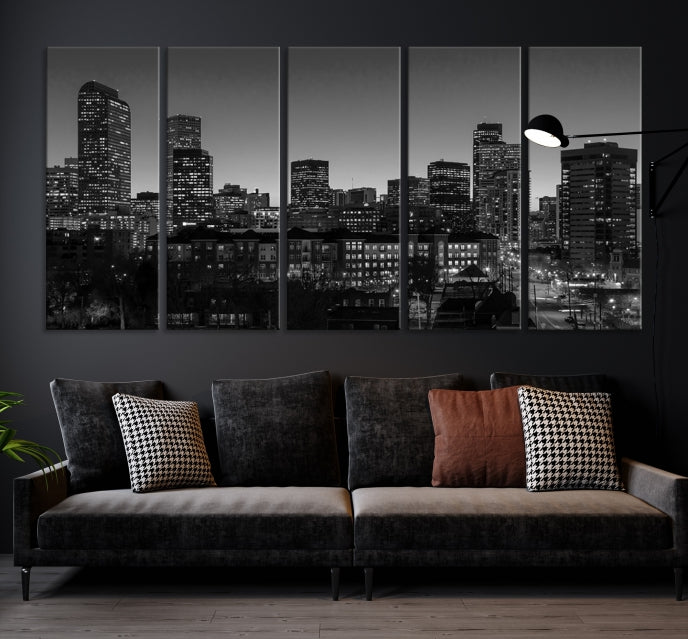 Denver City Lights Skyline Black and White Wall Art Cityscape Canvas Print