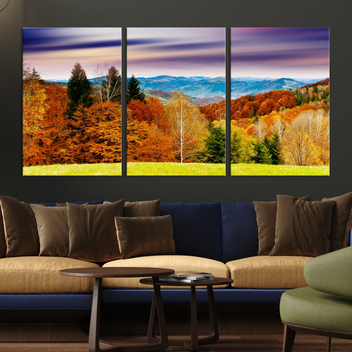 Autumn Colorful Forest Blue Mountains and Purple Sky at Sunset Wall Art Canvas Print