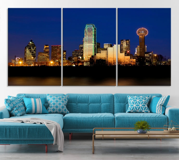 Dallas City Lights Night Blue Skyline Cityscape View Wall Art Canvas Print