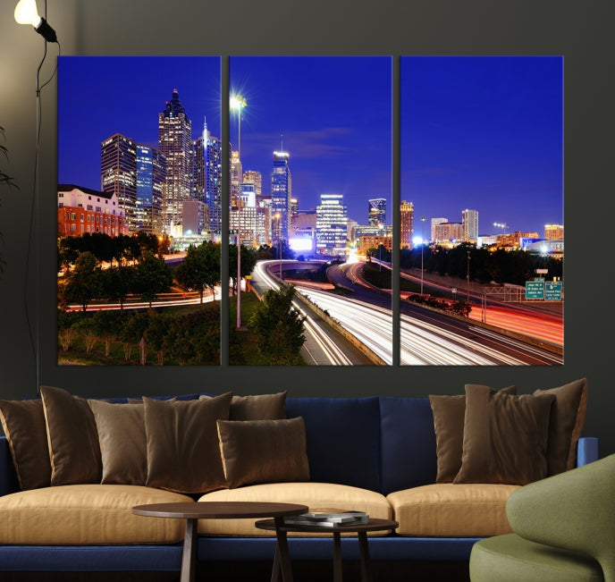 Arte de pared grande con vista del paisaje urbano del horizonte azul nocturno de las luces de la ciudad de Atlanta Impresión en lienzo