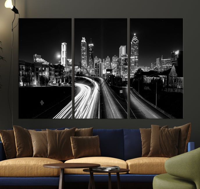 Skyline de luces de la ciudad de Atlanta Arte de pared en blanco y negro Paisaje urbano Lienzo