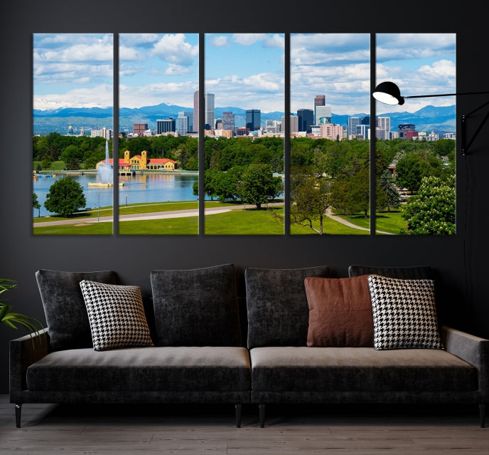 Denver City Park au printemps nuageux Skyline paysage urbain vue murale impression sur toile