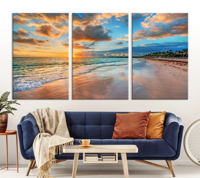 Sunset Beach Canvas Wall Art – Tropical Triptych Seascape Print – Coastal Ocean Decor for Living Room or Bedroom – Ready to Hang