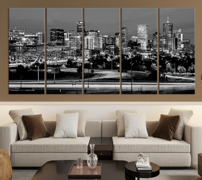 Denver City Lights Skyline Black and White Wall Art Cityscape Canvas Print