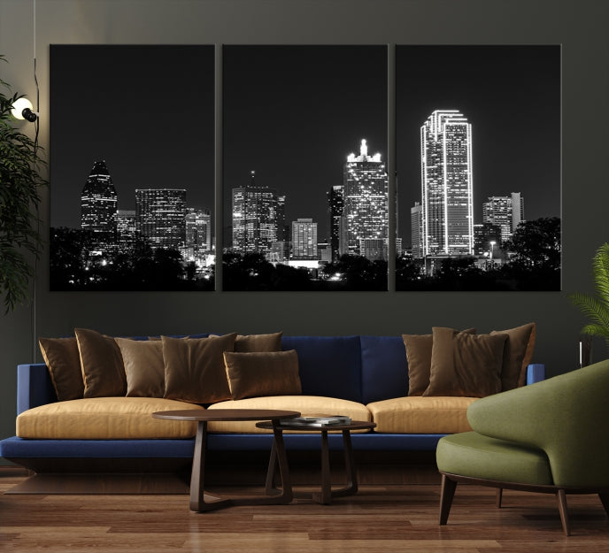 Skyline de luces de la ciudad de Dallas Arte de pared en blanco y negro Paisaje urbano Lienzo