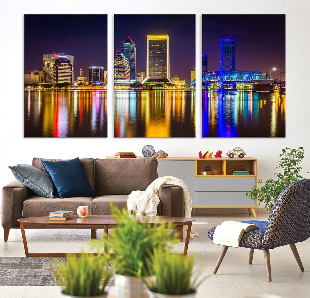 The Jacksonville City cityscape wall art captures a vibrant city skyline at night with colorful reflections in the water and is elegantly displayed on museum-quality gallery wrapped canvas.